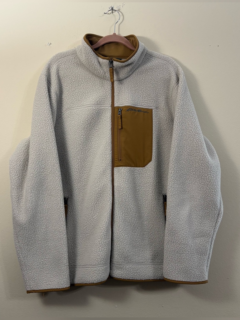 Eddie Bauer cream brown fleece jacket mens XL sherpa gorpcore retro classic